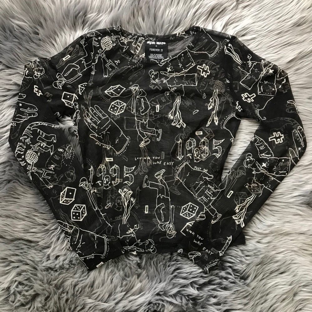 NEVER WORN black mesh graffiti print top sz S